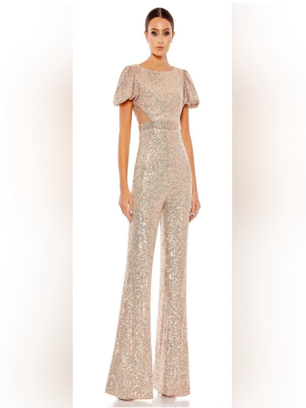 Mac Duggal Rose Gold Sequin Wide-Leg Mesh Cut Out Formal Jumpsuit NWT 12 IEENA